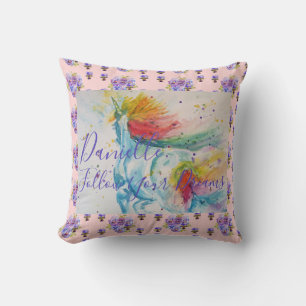 Unicorn Watercolor Pink Floral Girls Name Blanket Cushion