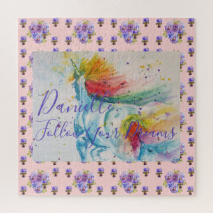 Unicorn Watercolor Pink Floral Girls Name Blanket Jigsaw Puzzle