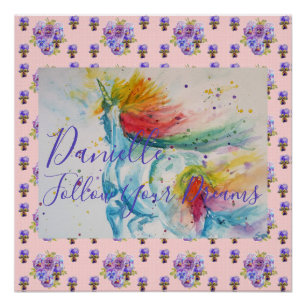Unicorn Watercolor Pink Floral Girls Name Blanket Poster