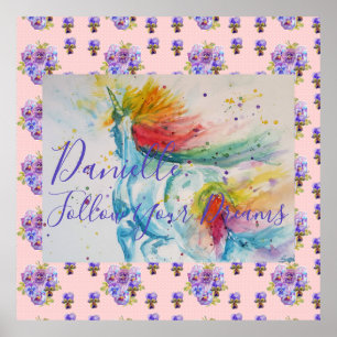 Unicorn Watercolor Pink Floral Girls Name Blanket Poster
