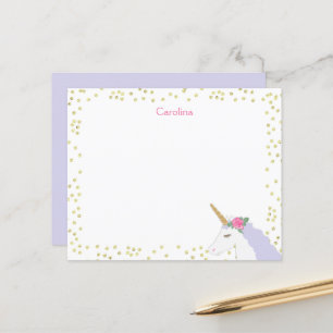 Unicorn Watercolor Pink Gold Dot Girl's Note Card