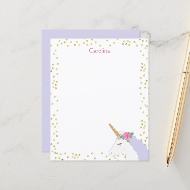 Unicorn Watercolor Pink Gold Dot Girl's Note Card (Front/Back In Situ)