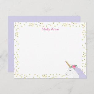 Unicorn Watercolor Pink Gold Dot Girl's Stationery Card