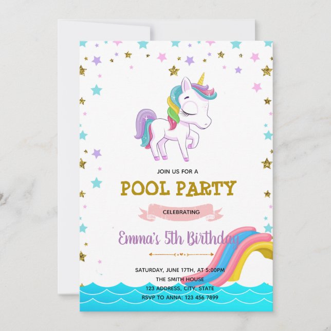 Unicorn waterslide pool invitation (Front)