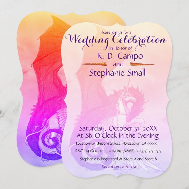 Unicorn Wedding Celebration Invitation Dragon Red (Front/Back)