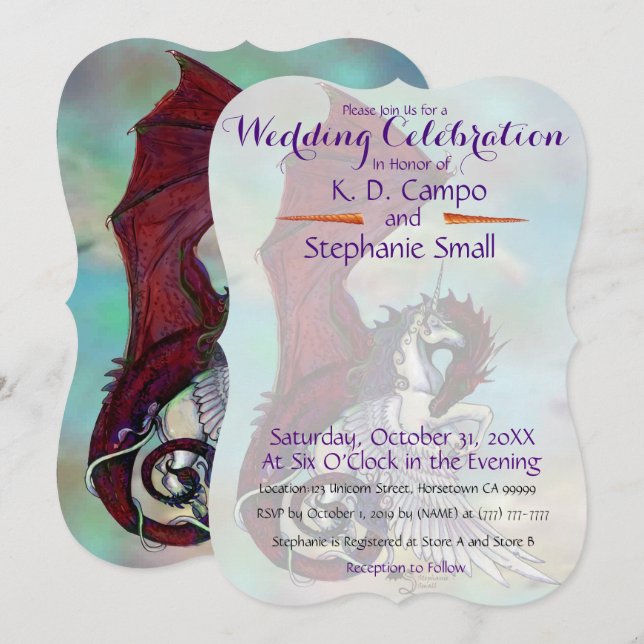 Unicorn Wedding Celebration Invitation Dragon Red (Front/Back)
