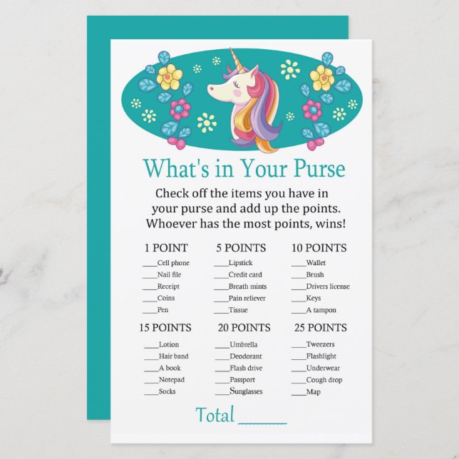 Unicorn What's in your purse game baby shower (Front/Back)