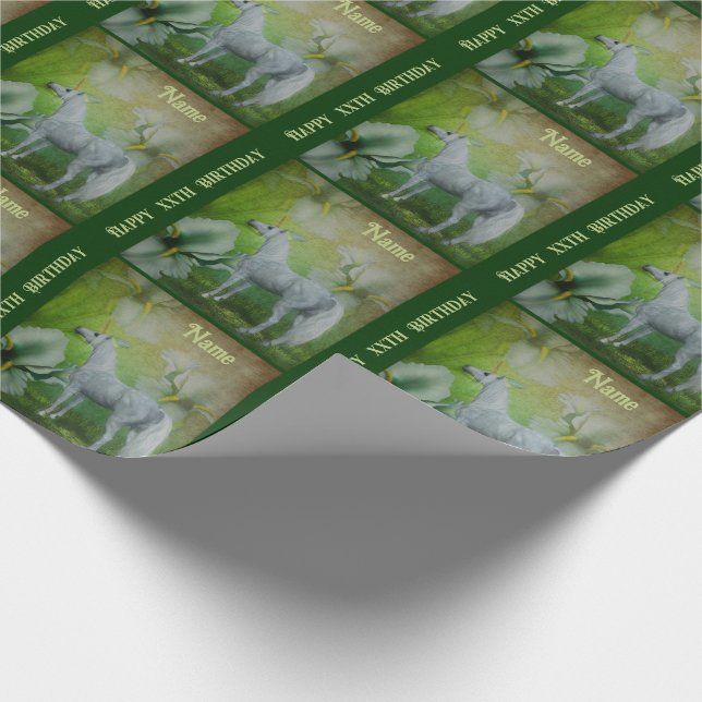 Unicorn White Lilies Fantasy Horse Personalised Wrapping Paper (Corner)