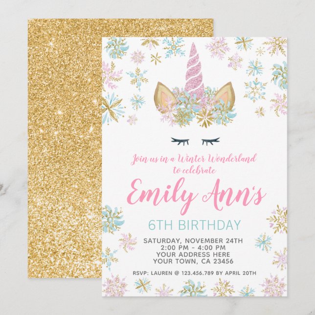 Unicorn Winter Birthday Invitation (Front/Back)