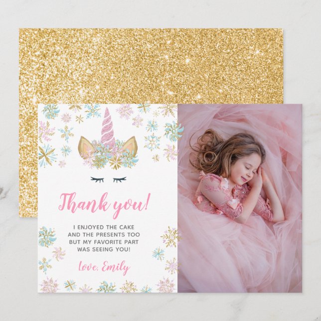 Unicorn Winter Birthday Thank you cards with Photo (Front/Back)