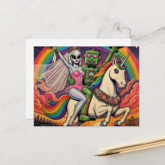 Unicorn With Alien Bride and a Robot Groom Postcard