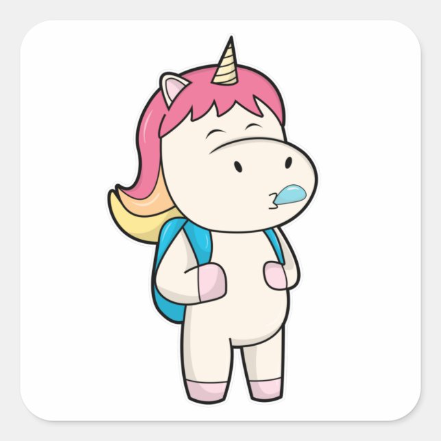 Unicorn with Backback & Chewing gum Square Sticker (Front)