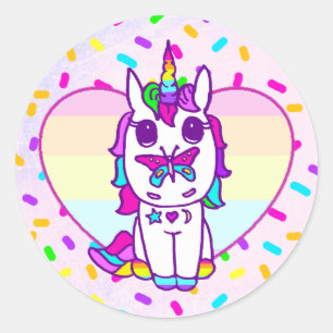 Unicorn with Butterfly on nose rainbow heart Classic Round Sticker