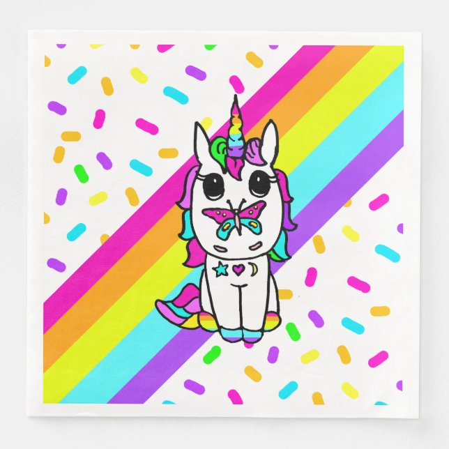Unicorn with Butterfly on Nose rainbow Sprinkles Napkin (Front)