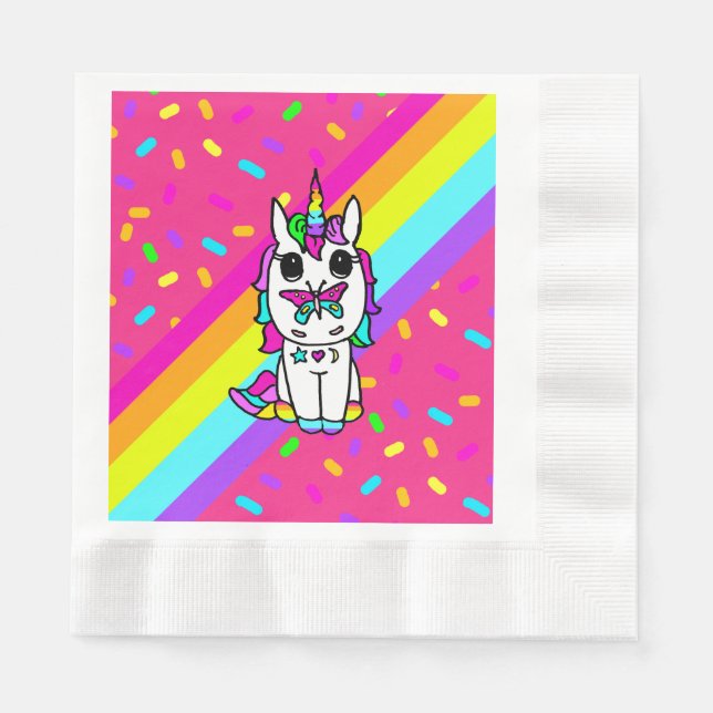 Unicorn with Butterfly on Nose rainbow Sprinkles Napkin (Front)