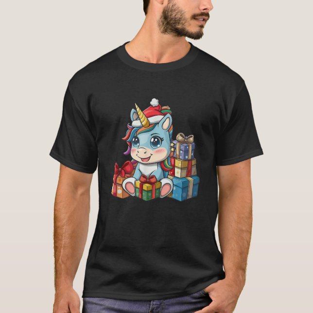 Unicorn With Christmas Hat And Presents Unicorn Xm T-Shirt (Front)