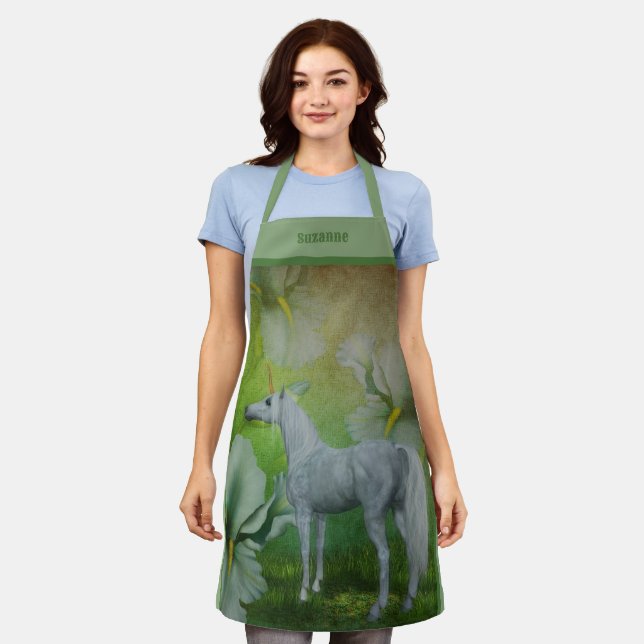 Unicorn With Fantasy Flowers Personalised Apron (Worn)