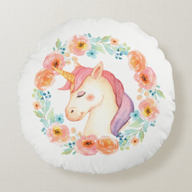 Unicorn with Floral Wreath Pillow (Front)