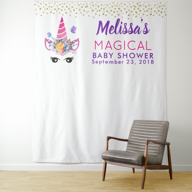 Unicorn with Flowers & Confetti Photo Backdrop Tapestry (In Situ)
