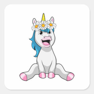 Unicorn with Flowers Daisy Square Sticker