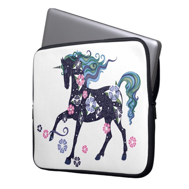 Unicorn with flowers, dark blue laptop sleeve (Front Left)