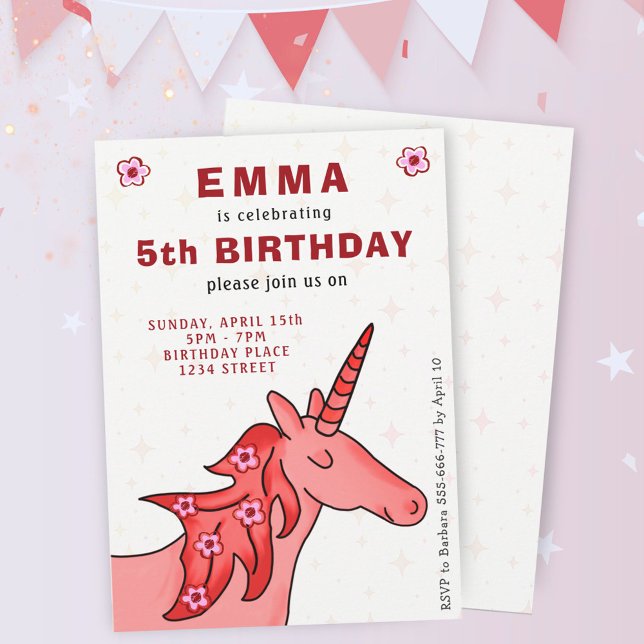 Unicorn with Flowers Girl`s Birthday Party  Invitation (Creator Uploaded)