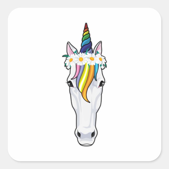 Unicorn with Flowers Square Sticker (Front)