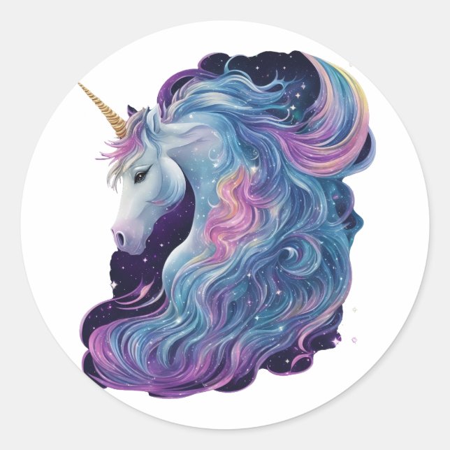 Unicorn with flowing mane surrounded by stars classic round sticker (Front)