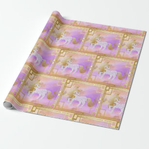 Unicorn with gold crown on a pink violet rose gold wrapping paper