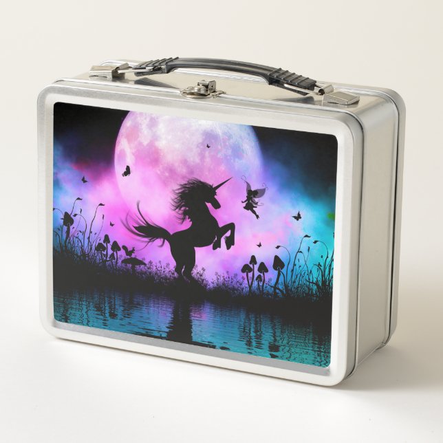 Unicorn with little fairy metal lunch box (Front)