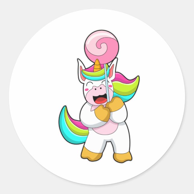 Unicorn with Lollipop Classic Round Sticker (Front)