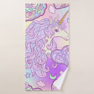 Unicorn with multicolored mane, butterfly rainbow, bath towel