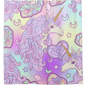Unicorn with multicolored mane, butterfly rainbow, shower curtain