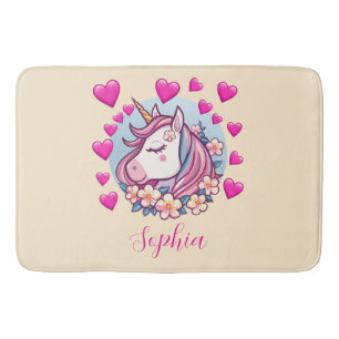 Unicorn With Pink Hearts & Flowers, Name, Creme Bath Mat