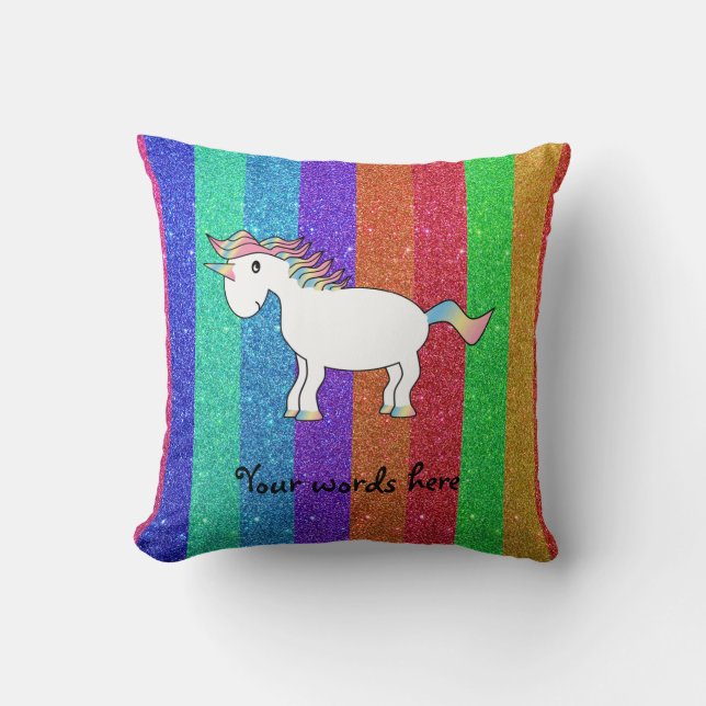 Unicorn with rainbow glitter stripes cushion (Front)