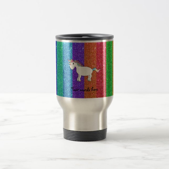 Unicorn with rainbow glitter stripes travel mug (Center)