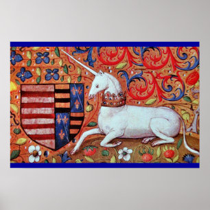 UNICORN WITH RED BLUE FLORAL MOTIFS POSTER