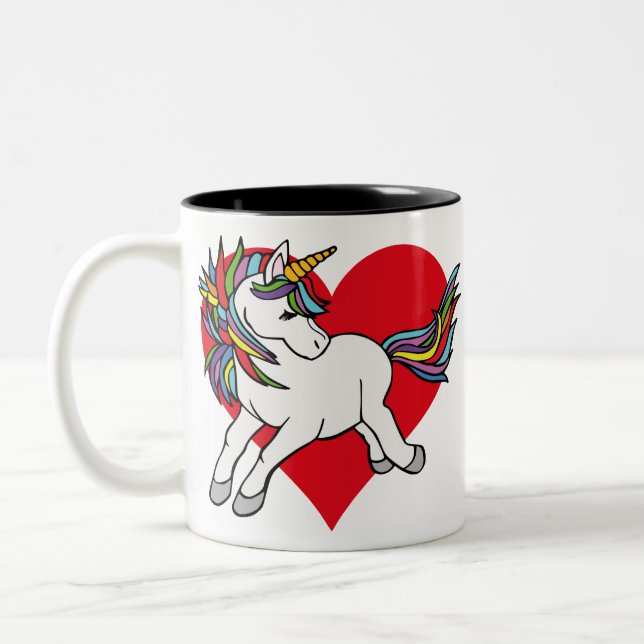 unicorn with red heart Two-Tone coffee mug (Left)