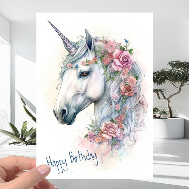 Unicorn with Roses and Flowers - Any age Birthday Card (Creator Uploaded)