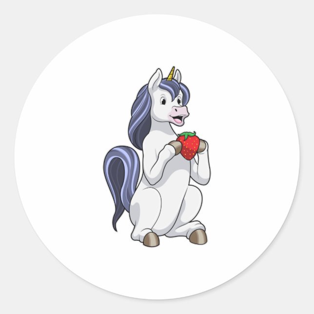 Unicorn with Strawberry Fruit Classic Round Sticker (Front)