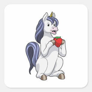 Unicorn with Strawberry Fruit Square Sticker