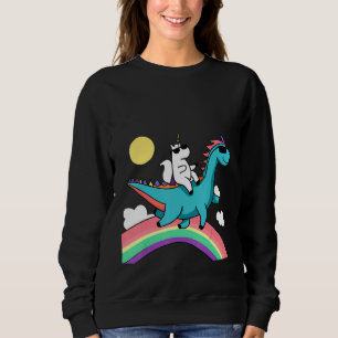 unicorn with sunglasses riding a dinosaur and rain sweatshirt