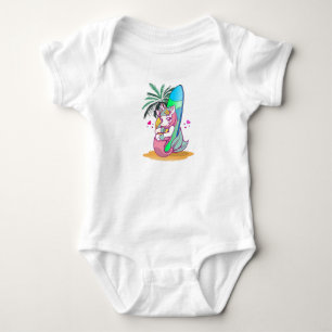 Unicorn with surfboard on the beach baby bodysuit