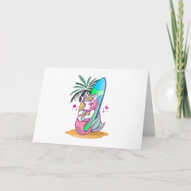 Unicorn with surfboard on the beach card (Front)