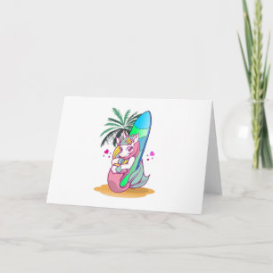 Unicorn with surfboard on the beach card