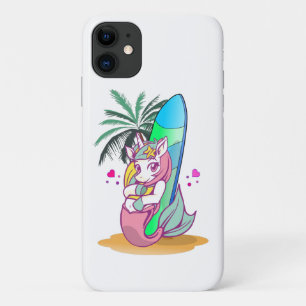 Unicorn with surfboard on the beach iPhone 11 case