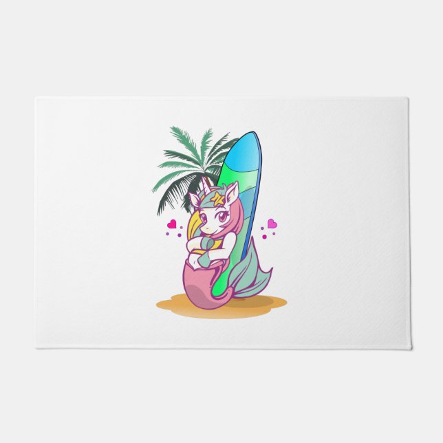 Unicorn with surfboard on the beach doormat (Front)