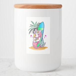 Unicorn with surfboard on the beach food label