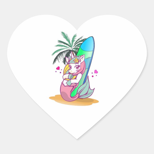 Unicorn with surfboard on the beach heart sticker (Front)