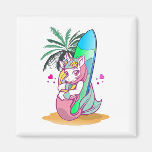 Unicorn with surfboard on the beach magnet